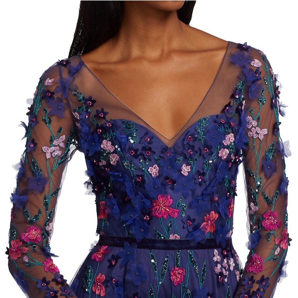 Blue silk Theia gown, appliquéd with handmade flowers, sz 10, Saks, never worn